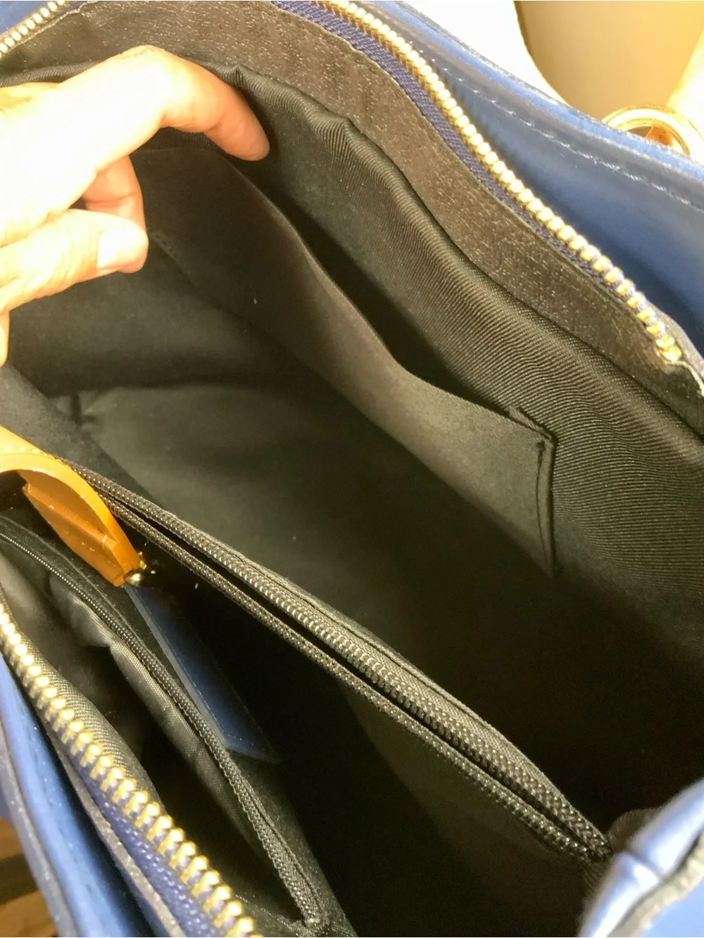 Chiara Ferretti Navy and Tan Leather Tote with Gold Hardware